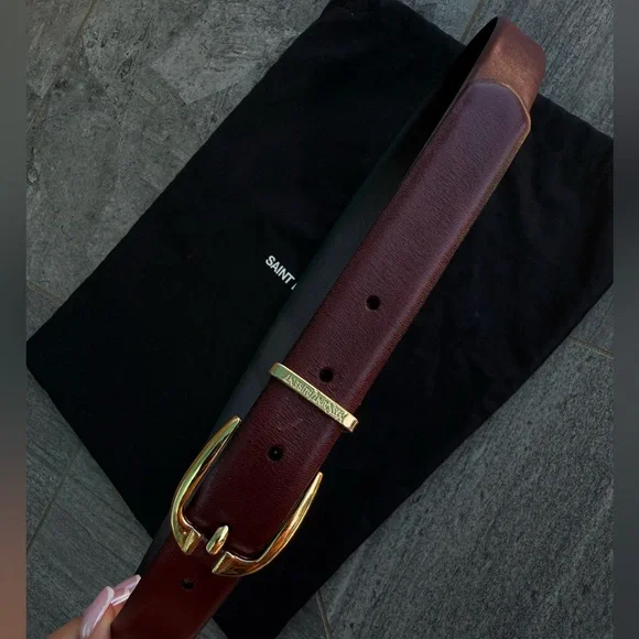 YSL Saint Laurent Burgundy Vintage Leather Belt with Gold Logo - Picture 1 of 12